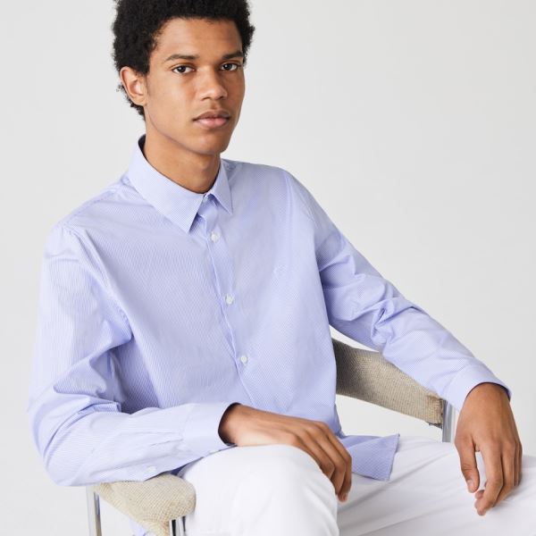 Lacoste Regular Fit Striped Cotton Poplin Shirt Pánské - Šortky Bílé / Blankyt | CZ-mfbsrp